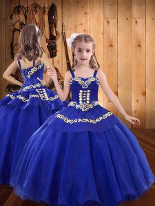 Custom Made Royal Blue Ball Gowns Straps Sleeveless Organza Floor Length Lace Up Embroidery Girls Pageant Dresses