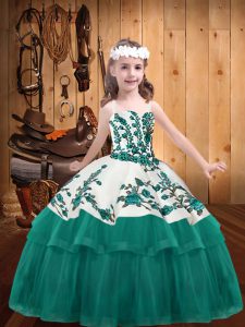 Fantastic Straps Sleeveless Lace Up Little Girl Pageant Gowns Turquoise Organza