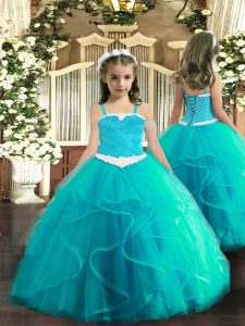 Floor Length Lace Up Custom Made Pageant Dress Aqua Blue for Party and Quinceanera with Appliques and Ruffles