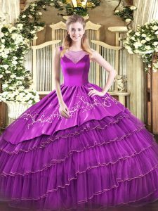 Scoop Sleeveless Ball Gown Prom Dress Floor Length Beading and Embroidery Purple Organza