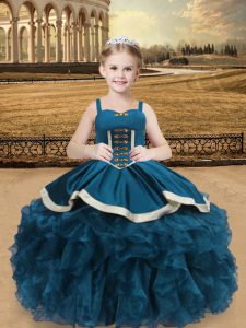 Teal Little Girls Pageant Gowns Sweet 16 and Quinceanera with Beading and Ruffles Straps Sleeveless Lace Up