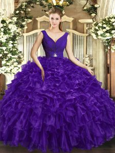Beading and Ruffles Sweet 16 Dress Purple Backless Sleeveless Floor Length