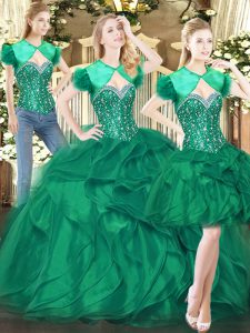 Super Dark Green Sleeveless Beading and Ruffles Floor Length Sweet 16 Dresses