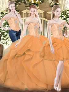 Orange Red Sleeveless Organza Lace Up Quince Ball Gowns for Military Ball and Sweet 16 and Quinceanera