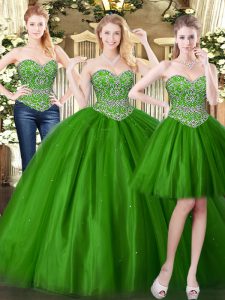 Custom Fit Dark Green Lace Up Sweetheart Beading Quince Ball Gowns Tulle Sleeveless