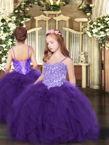 Purple Ball Gowns Spaghetti Straps Sleeveless Tulle Floor Length Lace Up Appliques and Ruffles Little Girls Pageant Dres
