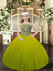 Floor Length Lace Up Little Girls Pageant Dress Olive Green for Party and Quinceanera with Beading