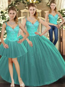 Turquoise Lace Up Straps Beading Vestidos de Quinceanera Tulle Sleeveless