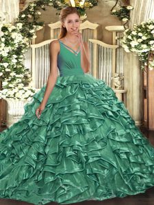 Lovely V-neck Sleeveless Vestidos de Quinceanera With Train Sweep Train Ruffles Turquoise Organza