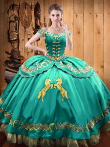 Modest Beading and Embroidery Vestidos de Quinceanera Turquoise Lace Up Sleeveless Floor Length