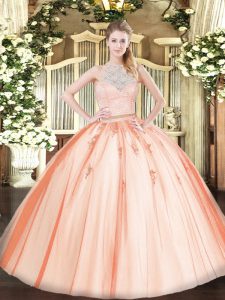 Fashionable Two Pieces Quince Ball Gowns Orange Scoop Tulle Sleeveless Floor Length Zipper