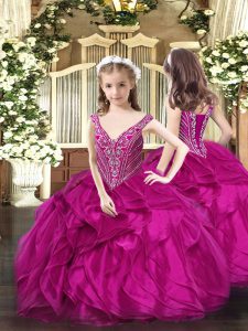 Fuchsia Ball Gowns Organza V-neck Sleeveless Beading and Ruffles Floor Length Lace Up Little Girl Pageant Gowns