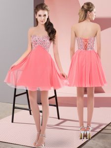 Enchanting Watermelon Red Empire Sweetheart Sleeveless Chiffon Mini Length Lace Up Beading Dress for Prom
