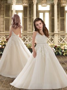 Discount Backless Girls Pageant Dresses White for Wedding Party with Beading and Appliques Brush Train