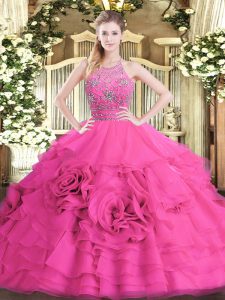 Comfortable Halter Top Sleeveless Tulle 15 Quinceanera Dress Beading and Ruffled Layers Zipper