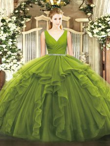 Custom Made Tulle V-neck Sleeveless Zipper Beading and Ruffles Quinceanera Gowns in Olive Green