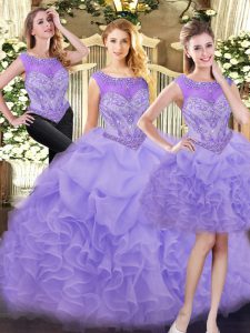 Sleeveless Organza Floor Length Zipper Quinceanera Gown in Lavender with Beading and Ruffles