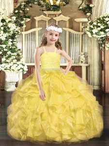 Gold Ball Gowns Organza Straps Sleeveless Beading and Lace and Ruffles Floor Length Zipper Pageant Gowns For Girls