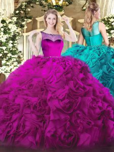 Luxurious Scoop Sleeveless Zipper Quinceanera Dress Fuchsia Fabric With Rolling Flowers