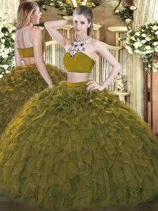 Sexy Tulle High-neck Sleeveless Backless Beading and Ruffles Quinceanera Dresses in Olive Green