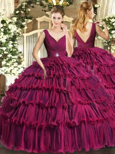 On Sale Fuchsia Sleeveless Organza Backless Quince Ball Gowns for Sweet 16 and Quinceanera