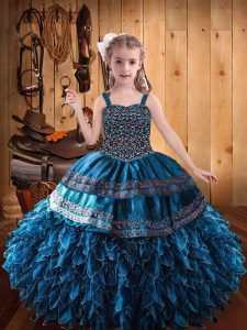 Ball Gowns Pageant Gowns For Girls Blue Straps Satin and Tulle Sleeveless Floor Length Lace Up
