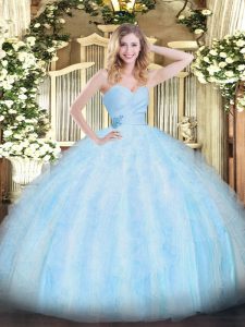 Sleeveless Floor Length Beading and Ruffles Lace Up Sweet 16 Quinceanera Dress with Light Blue