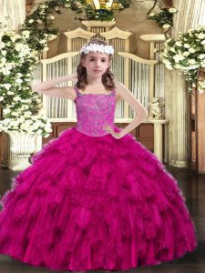 Latest Fuchsia Straps Neckline Beading and Ruffles Pageant Dress Toddler Sleeveless Lace Up