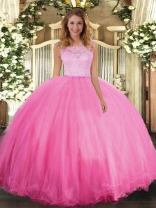 Gorgeous Rose Pink Sleeveless Lace Floor Length Sweet 16 Quinceanera Dress