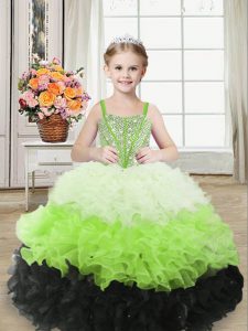 Charming Multi-color Ball Gowns Beading and Ruffles Pageant Dress for Teens Zipper Organza Sleeveless Floor Length