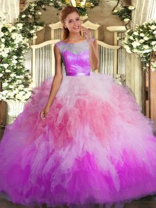 Classical Multi-color Ball Gowns Scoop Sleeveless Tulle Floor Length Backless Lace and Ruffles Quinceanera Dress