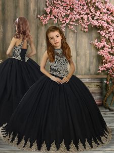 Beading and Appliques Girls Pageant Dresses Black Lace Up Sleeveless With Train Sweep Train