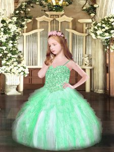 Apple Green Lace Up Spaghetti Straps Appliques and Ruffles Little Girls Pageant Gowns Organza Sleeveless