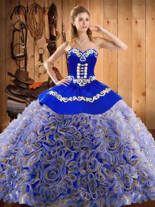 Artistic With Train Multi-color Sweet 16 Dresses Satin and Fabric With Rolling Flowers Sweep Train Sleeveless Embroidery