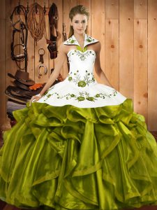 Olive Green Ball Gowns Embroidery and Ruffles Sweet 16 Dresses Lace Up Satin and Organza Sleeveless Floor Length
