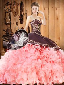 Adorable Pink Organza Lace Up Sweetheart Sleeveless Quince Ball Gowns Court Train Embroidery and Ruffles