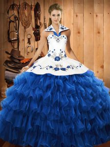 Clearance Blue Sleeveless Embroidery and Ruffled Layers Floor Length Quinceanera Gowns