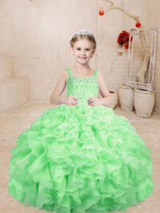 Apple Green Organza Lace Up Straps Sleeveless Floor Length Kids Pageant Dress Beading and Ruffles