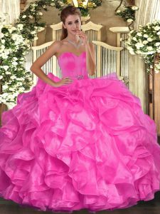 Hot Pink Lace Up Sweetheart Beading and Ruffles Sweet 16 Quinceanera Dress Organza Sleeveless