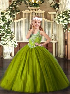 Olive Green Ball Gowns V-neck Sleeveless Tulle Floor Length Lace Up Beading Pageant Gowns