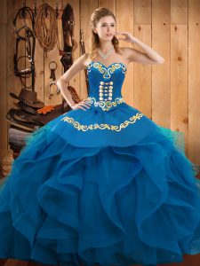 Sleeveless Organza Floor Length Lace Up Quinceanera Gown in Blue with Embroidery and Ruffles
