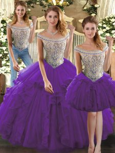 Elegant Bateau Sleeveless Ball Gown Prom Dress Floor Length Beading and Ruffles Purple Organza
