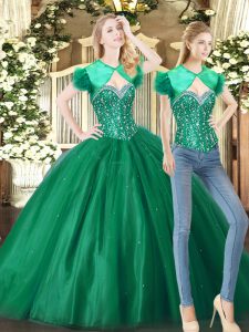 Flirting Sleeveless Tulle Floor Length Lace Up Quinceanera Dress in Green with Beading