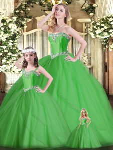 Green Ball Gowns Sweetheart Sleeveless Tulle Floor Length Lace Up Beading Quinceanera Dresses