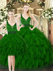 Wonderful Straps Sleeveless Quinceanera Dress Floor Length Beading and Ruffles Dark Green Tulle
