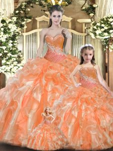 Popular Sleeveless Tulle Floor Length Lace Up Quinceanera Dress in Orange Red with Beading and Ruffles