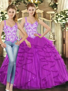 On Sale Fuchsia Lace Up Straps Beading and Ruffles Sweet 16 Dresses Tulle Sleeveless