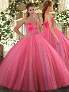 Coral Red Lace Up Ball Gown Prom Dress Beading Sleeveless Floor Length