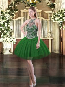 Elegant Tulle Halter Top Sleeveless Lace Up Beading Party Dress Wholesale in Dark Green