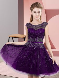 Fitting Dark Purple Empire Beading Homecoming Dress Backless Tulle Sleeveless Knee Length